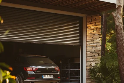 garage door with car parked front it