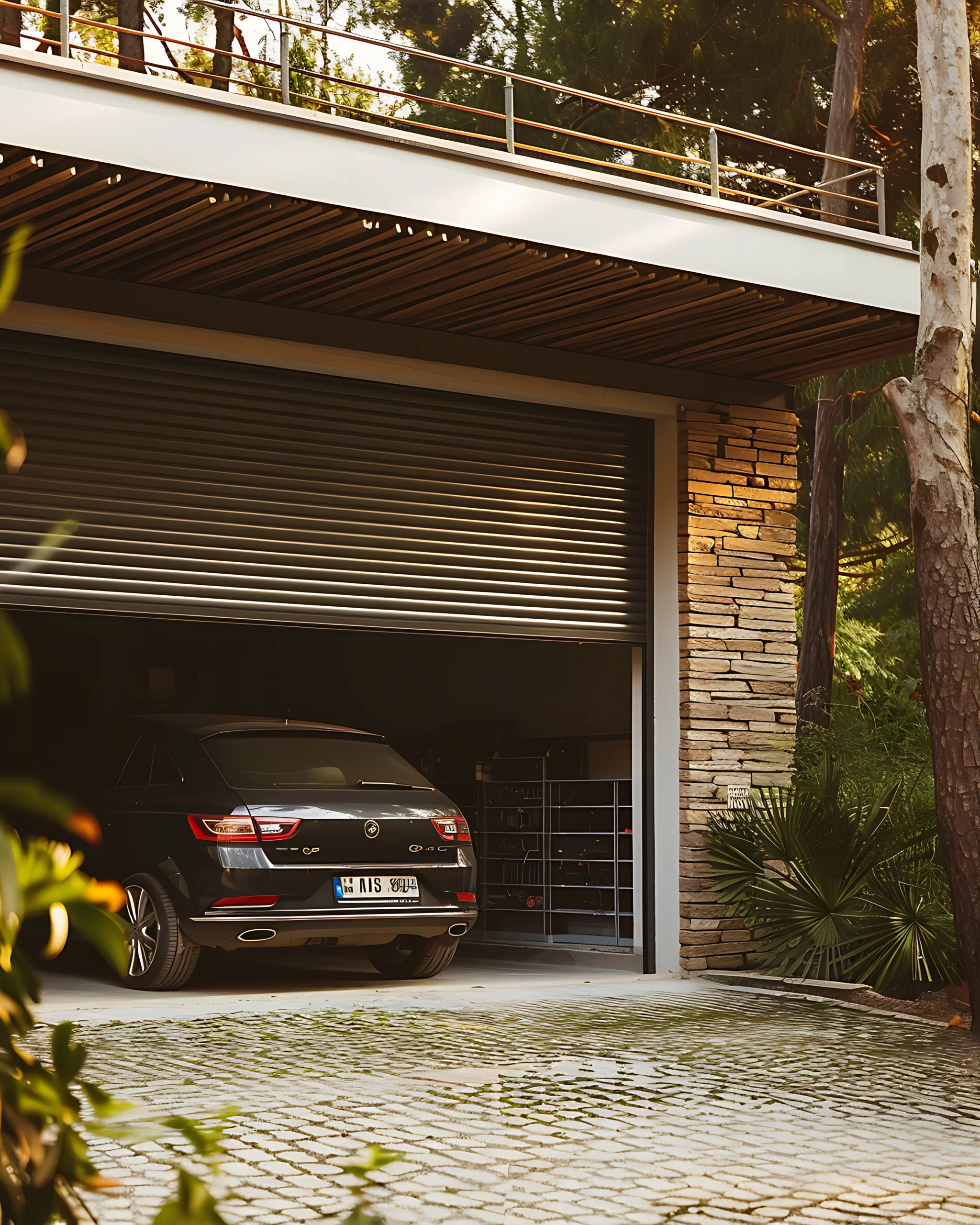garage door with car parked front it