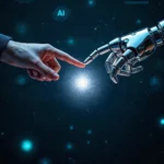 human robot hand touching futuristic ai concept