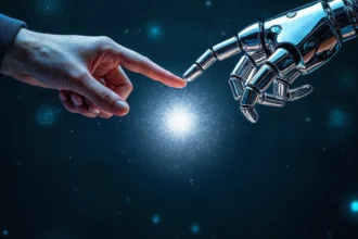 human robot hand touching futuristic ai concept