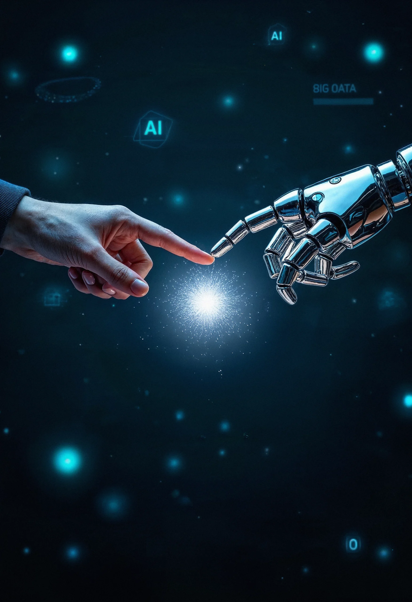 human robot hand touching futuristic ai concept